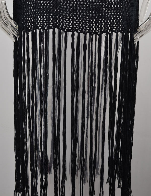 Black Fringe Hollow-out Crochet Knit Beach Cover