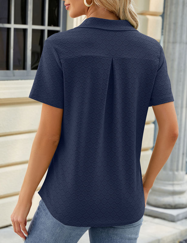 Navy Blue Lapel V Neck Short Sleeve Tops with Pocket