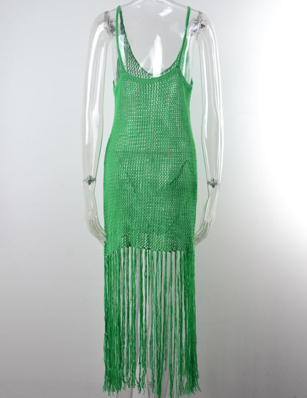 Green Fringe Hollow-out Crochet Knit Beach Cover