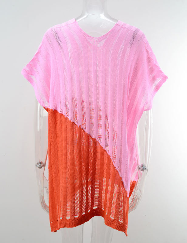 Pink Color Block Hollow-out Beach Cover Ups