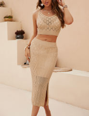 Khaki Quilted Textured Crop and Split Skirt Set