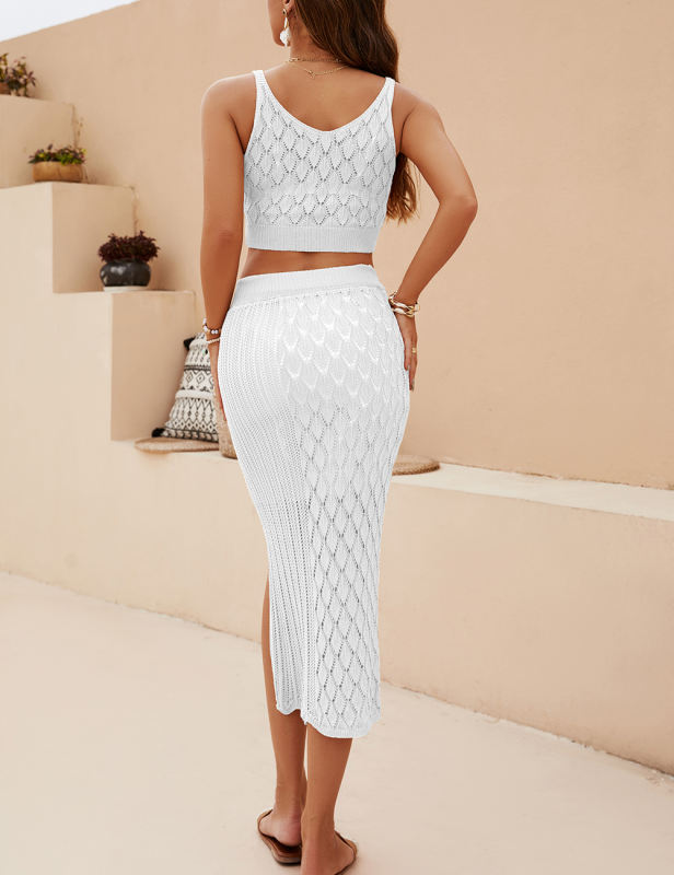 White Quilted Textured Crop and Split Skirt Set