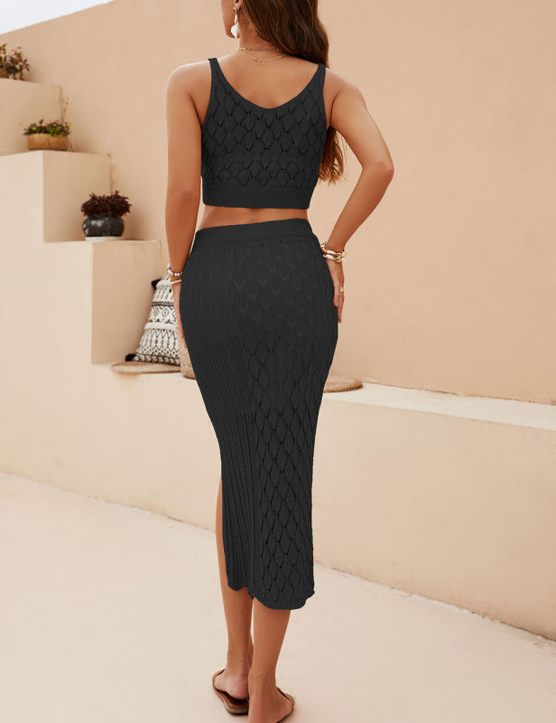Black Quilted Textured Crop and Split Skirt Set