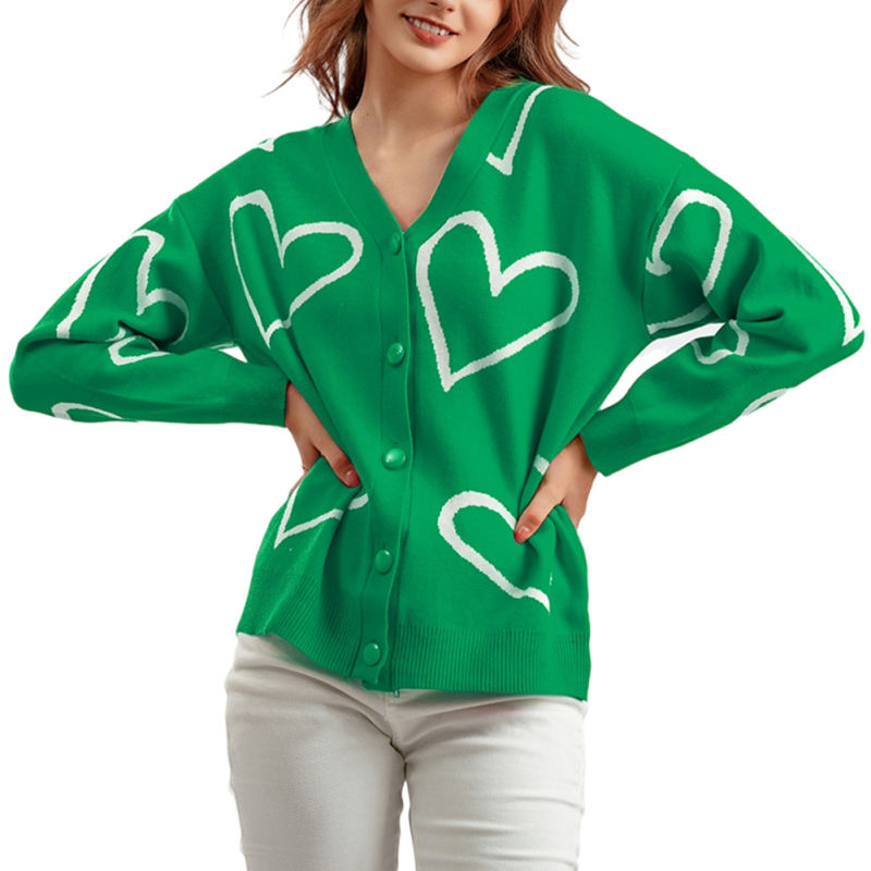 Green Button Open Front Heart Knit Cardigan