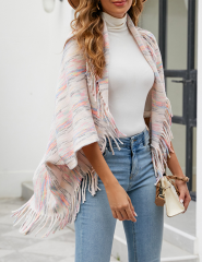 Apricot Striped Tassel Shawl Knitted Cape Jacket