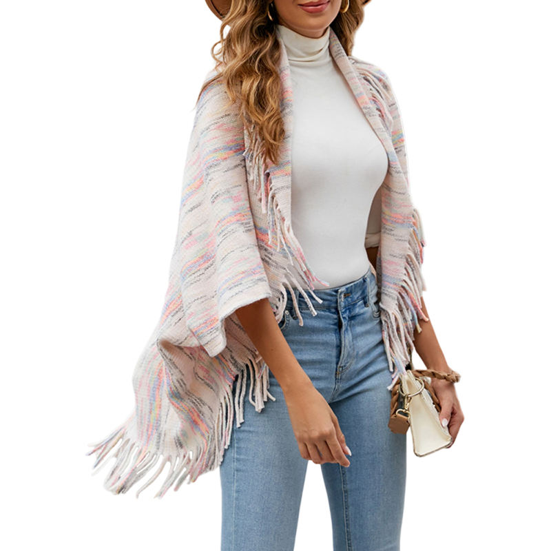 Apricot Striped Tassel Shawl Knitted Cape Jacket