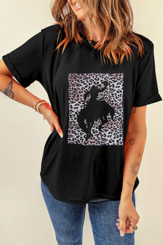 Black Leopard Hollowed Cowboy Graphic T-shirt