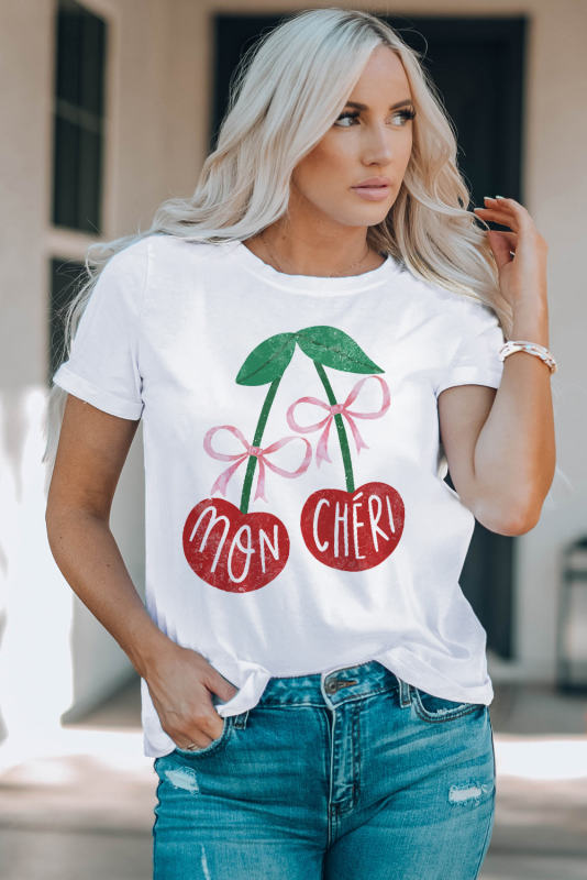 White MON CHERI Cherry Graphic Crewneck T shirt
