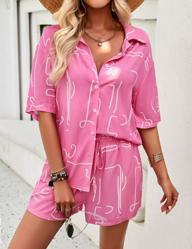 Rosy Abstract Print Button Shirt and Shorts Set