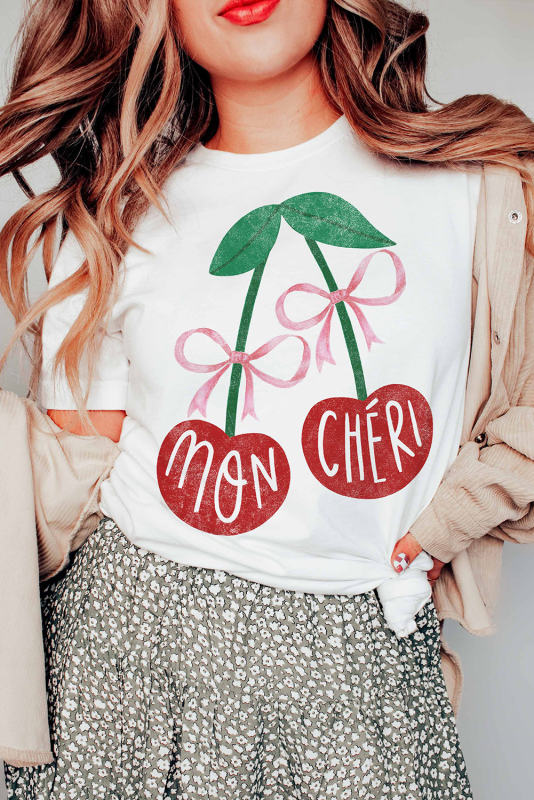 White MON CHERI Cherry Graphic Crewneck T shirt