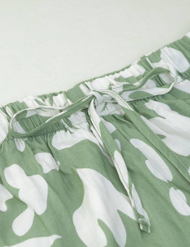 Green Abstract Print Button Shirt and Shorts Set