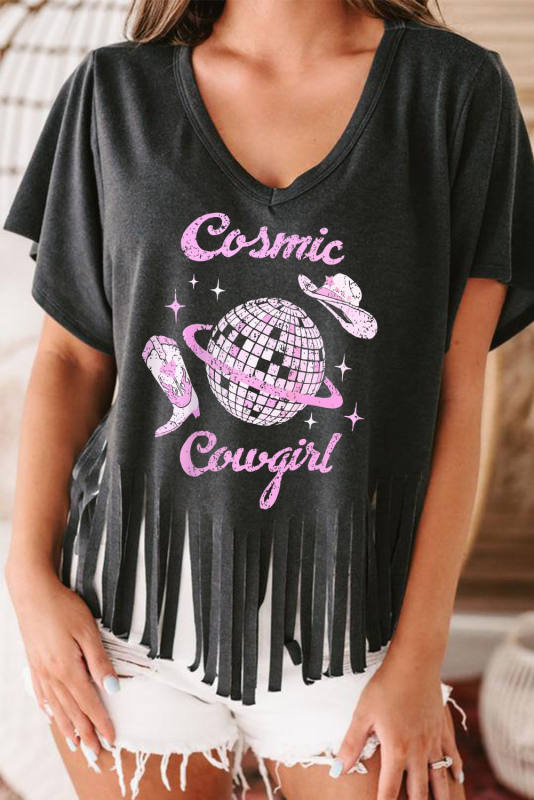 Black Cosmic Cowgirl Disco Ball Print Tasseled V Neck T Shirt