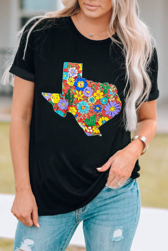 Black Floral Texas Graphic Crewneck T Shirt