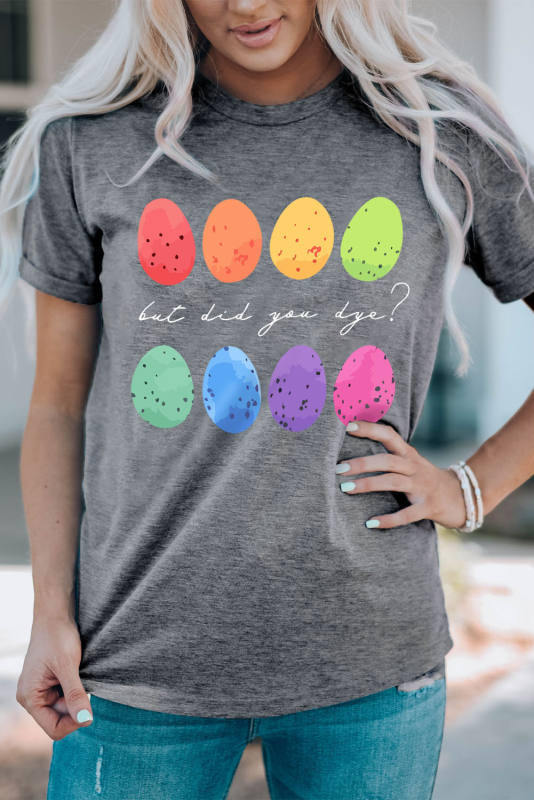 Gray Easter Eggs Print Crew Neck T Shirt