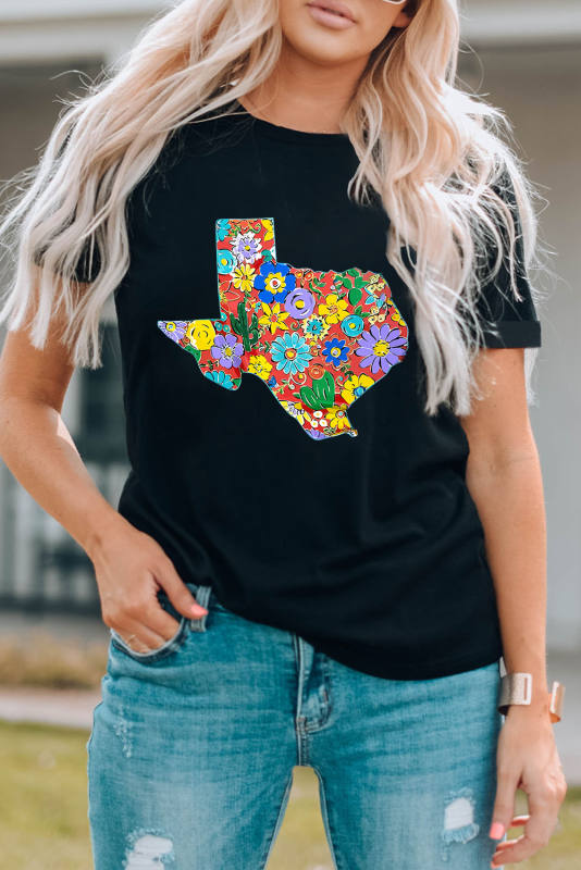 Black Floral Texas Graphic Crewneck T Shirt