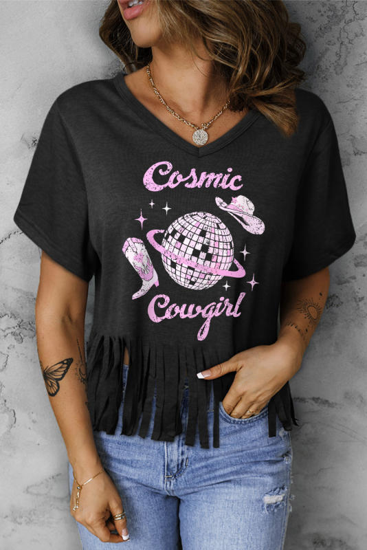 Black Cosmic Cowgirl Disco Ball Print Tasseled V Neck T Shirt