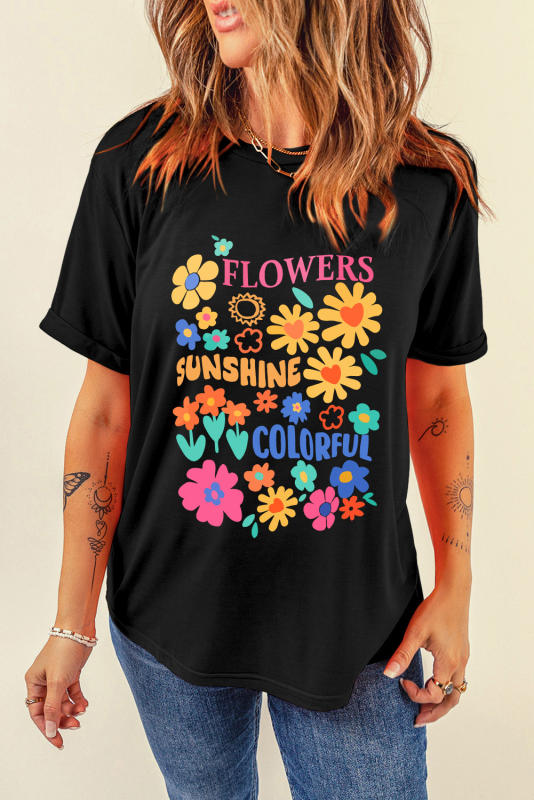 Black FLOWERS SUNSHINE COLORFUL Graphic T Shirt