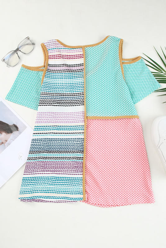 Multicolor Stripe Color Block Cold Shoulder Knit Top