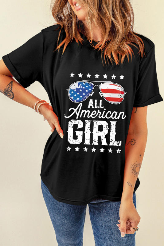 Black Stars and Stripes Glasses Slogan Graphic T Shirt