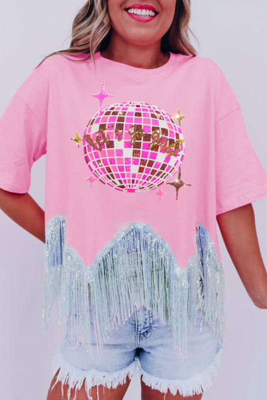 Pink Disco Ball Sequin Asymmetric Fringed Crewneck T Shirt
