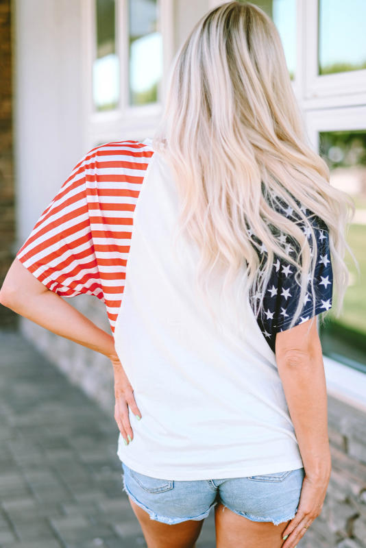 White USA Flag Sequin Patchwork Color Bock T Shirt