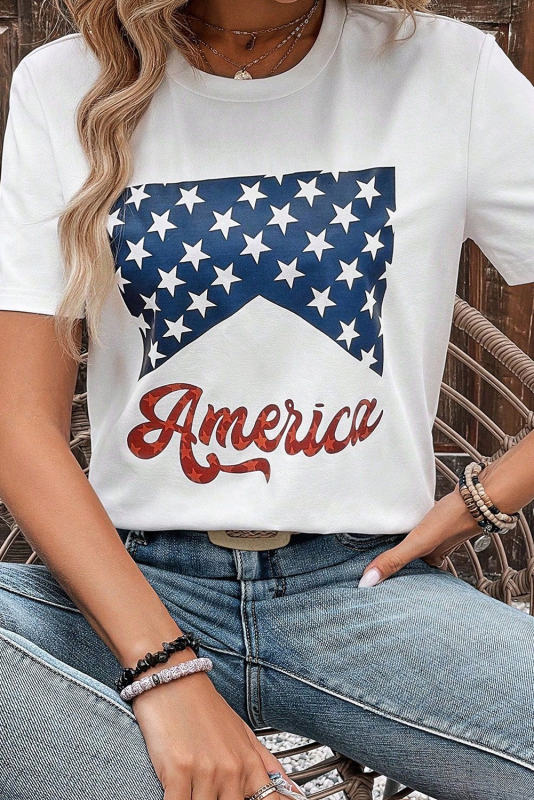 White America Stars Print Crew Neck Casual T Shirt