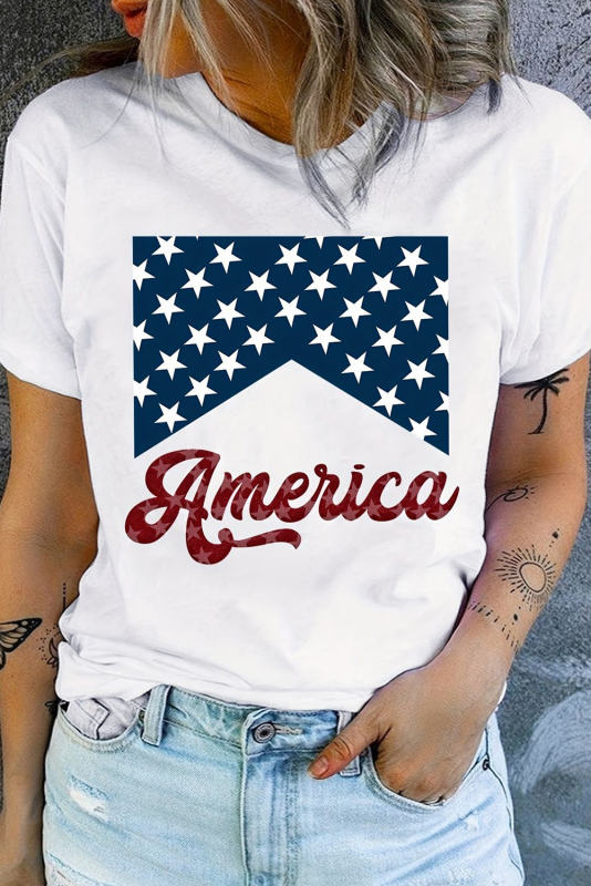 White America Stars Print Crew Neck Casual T Shirt