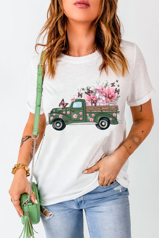 White Butterfly Floral Print Truck Print Crew Neck T Shirt