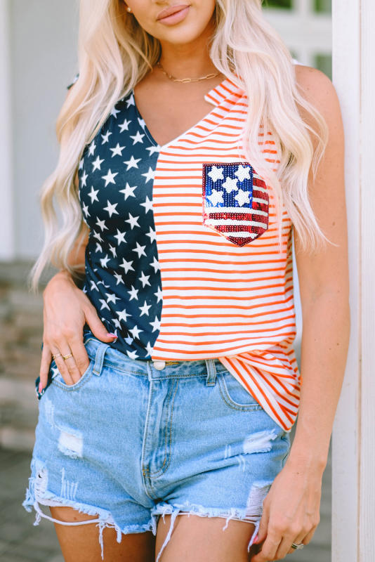 Red American Flag Sequin Patched Tie Shoulder Tank Top