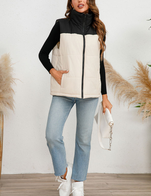 Black White Full Zip Sleeveless Vest Jacket