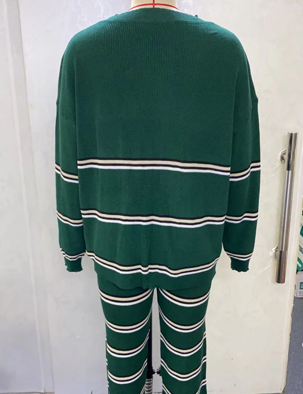Green Striped Loose Fit Knit Sweater and Pant Set