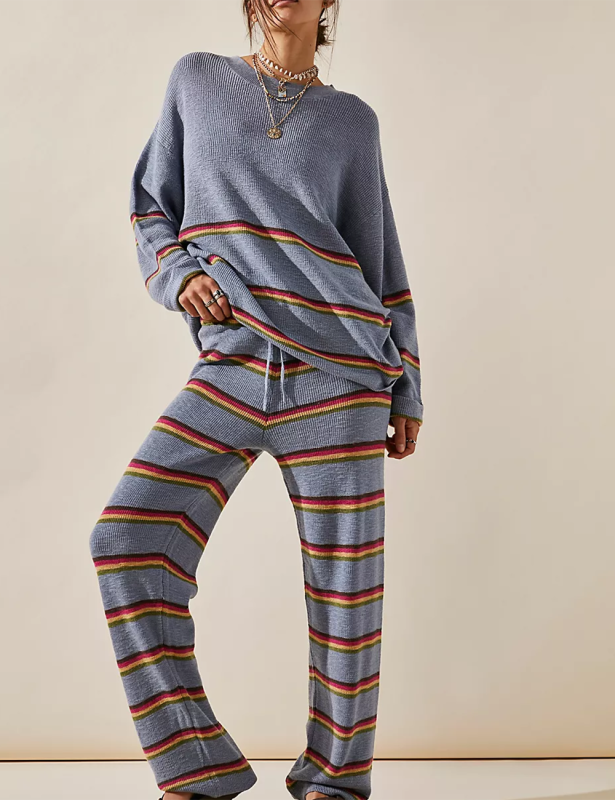 Light Blue Striped Loose Fit Knit Sweater and Pant Set
