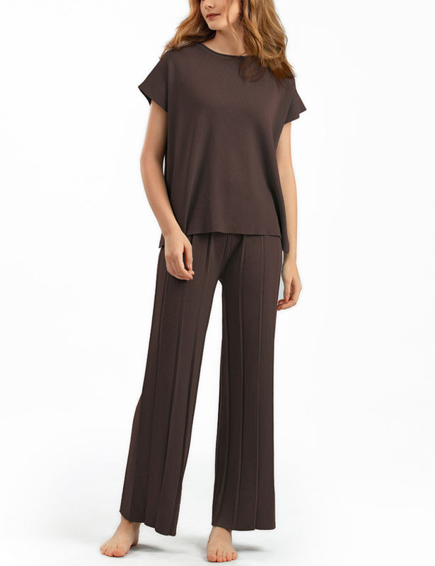 Coffee Knitted Sleeveless Top and Wide Leg Pant Set
