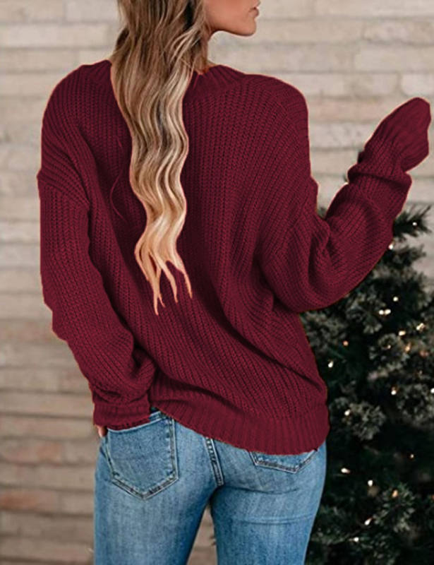Burgundy Knitted V Neck Pullover Sweater