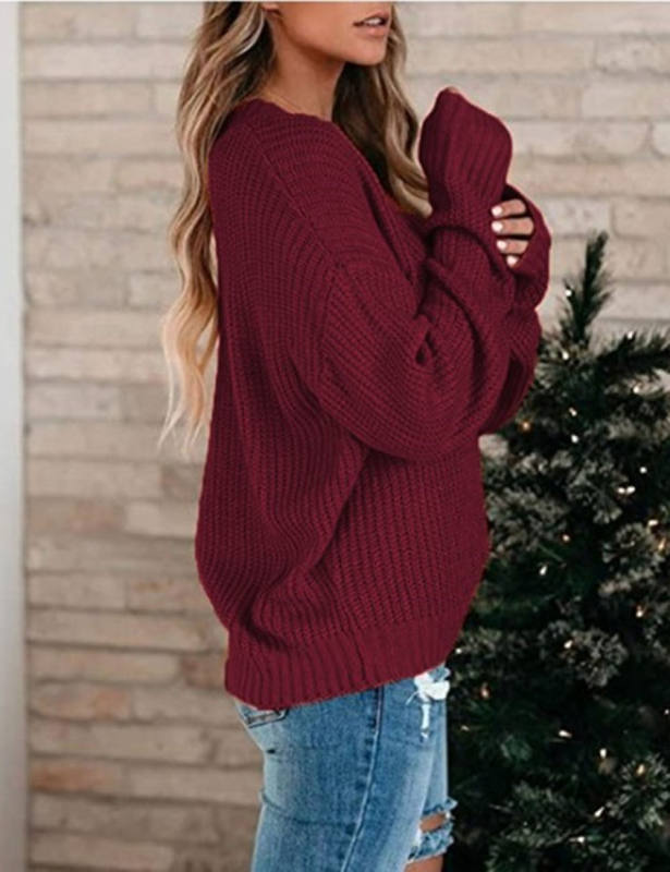 Burgundy Knitted V Neck Pullover Sweater