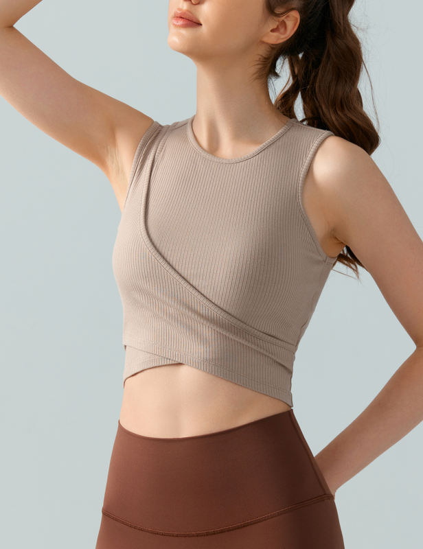 Khaki Ribbed Spliced Yoga Vest Active Tank Top