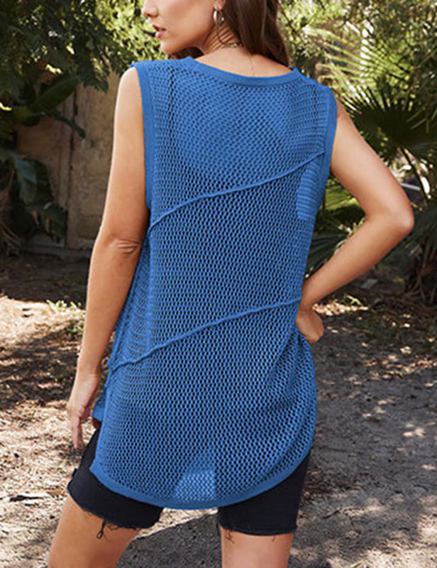 Blue Sleeveless Hollow-out Knit Slit Tank Top