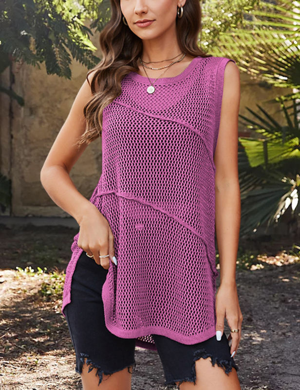 Purple Sleeveless Hollow-out Knit Slit Tank Top