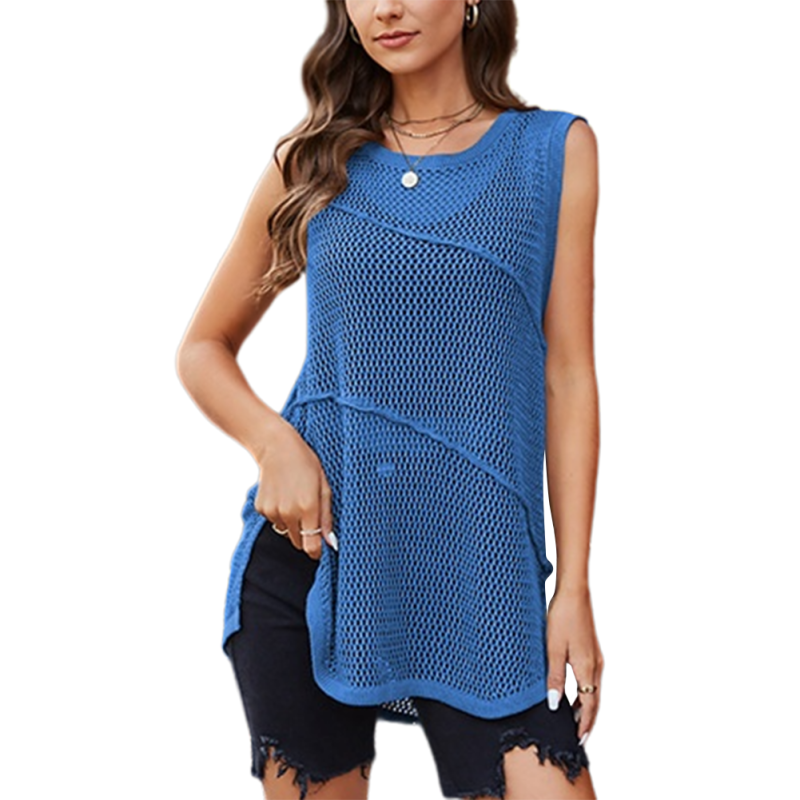 Blue Sleeveless Hollow-out Knit Slit Tank Top