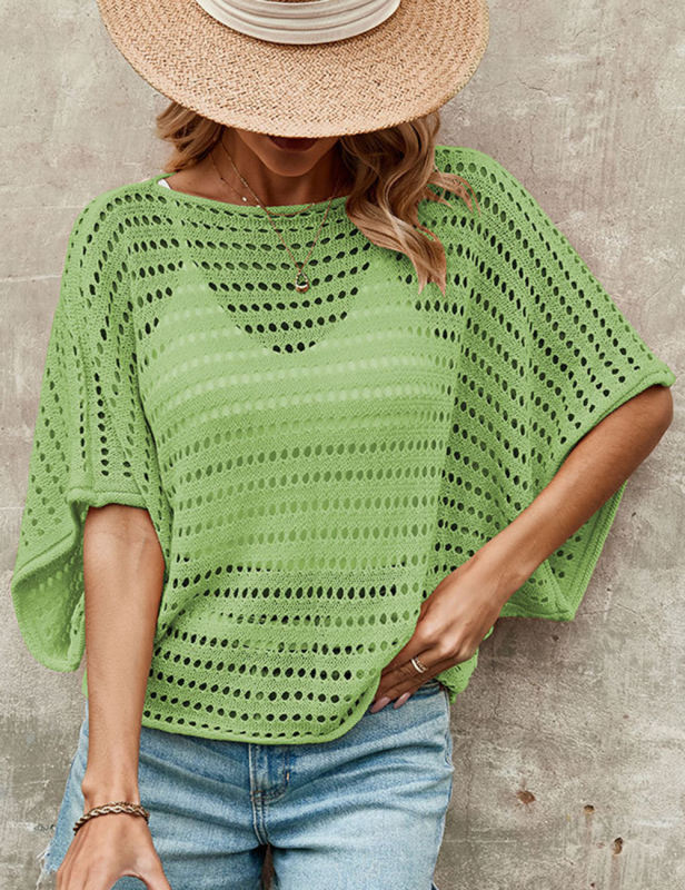 Green Bat Sleeve Hollow-out Knit Top