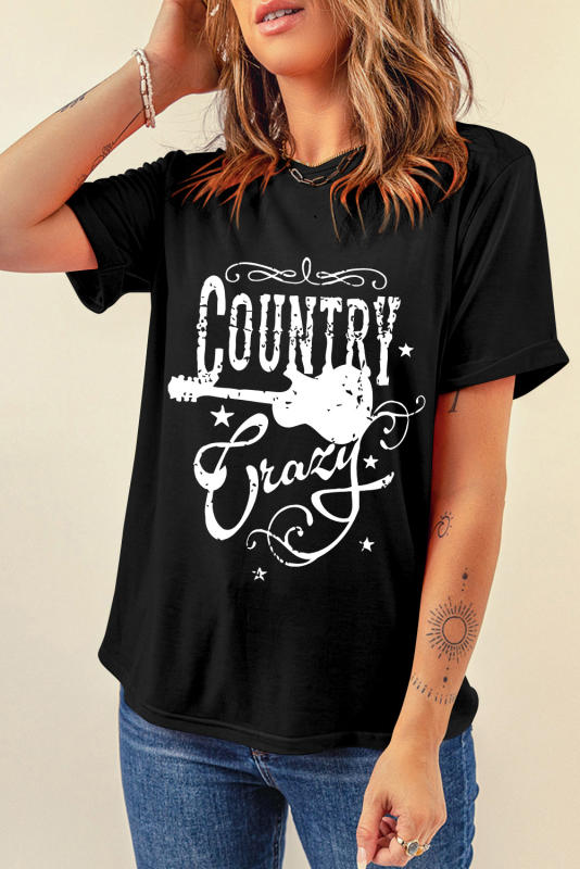 Black Country Music Crazy Print Crew Neck T Shirt