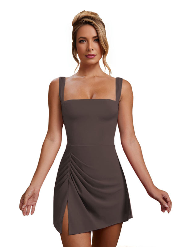 Gray Sleeveless Side Split Pleated Mini Dress