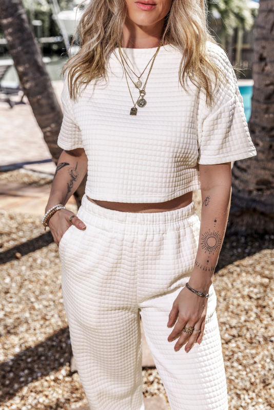 White Lattice Textured Cropped Tee and Jogger Pants Set