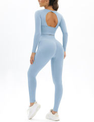 Light Blue Open Back Long Sleeve Top and Yoga Legging Sports Set