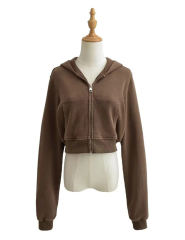 Coffee Zipper Front Crop Hoodie Jacket