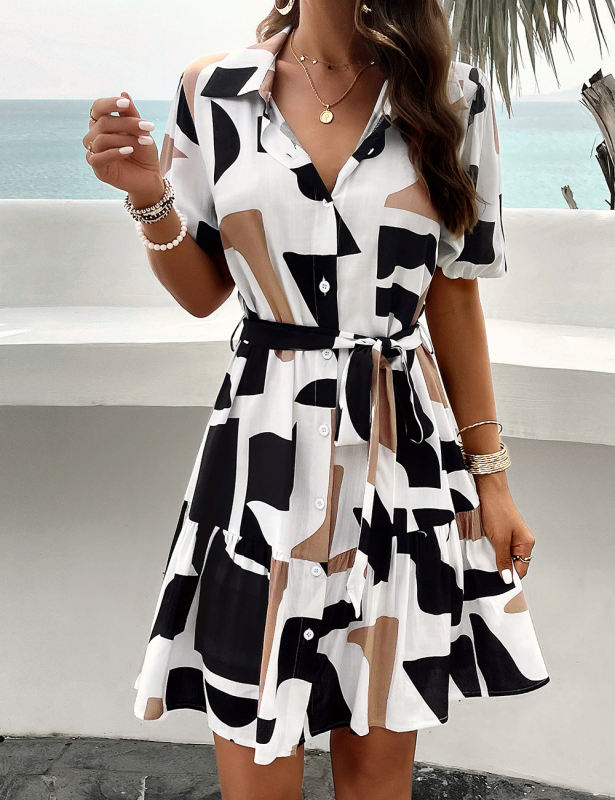 Coffee Abstract Print Button V Neck Dress