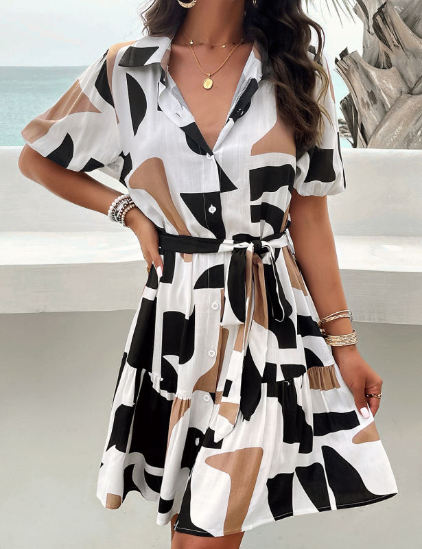 Coffee Abstract Print Button V Neck Dress