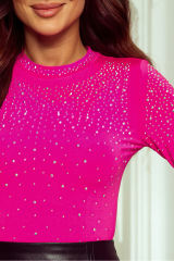 Rose Rhinestone Mesh Long Sleeve Bodysuit LC6421593-P6