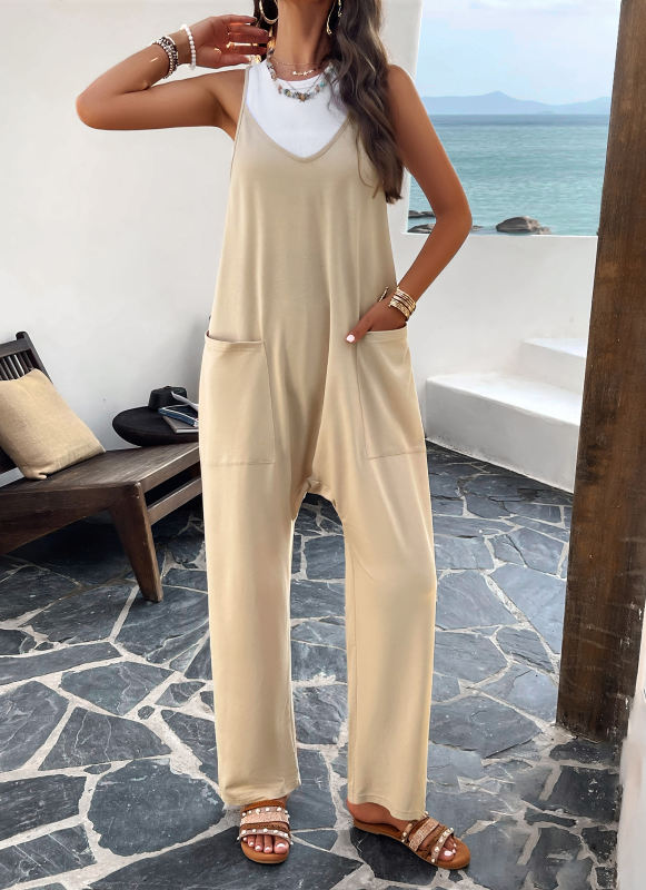 Apricot Solid Color V Neck Pocket Jumpsuit