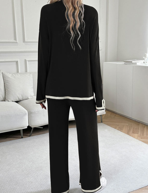 Black Knitted Long Sleeve Top and Split Pant Set